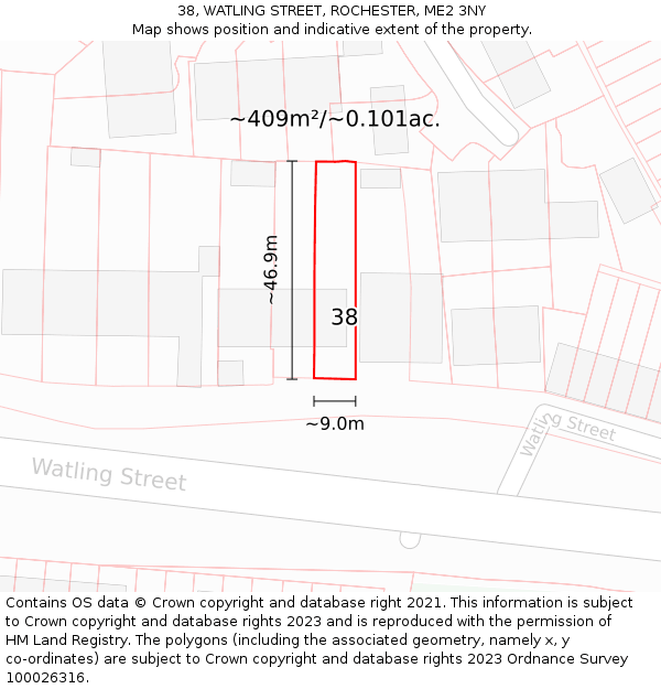 38, WATLING STREET, ROCHESTER, ME2 3NY: Plot and title map