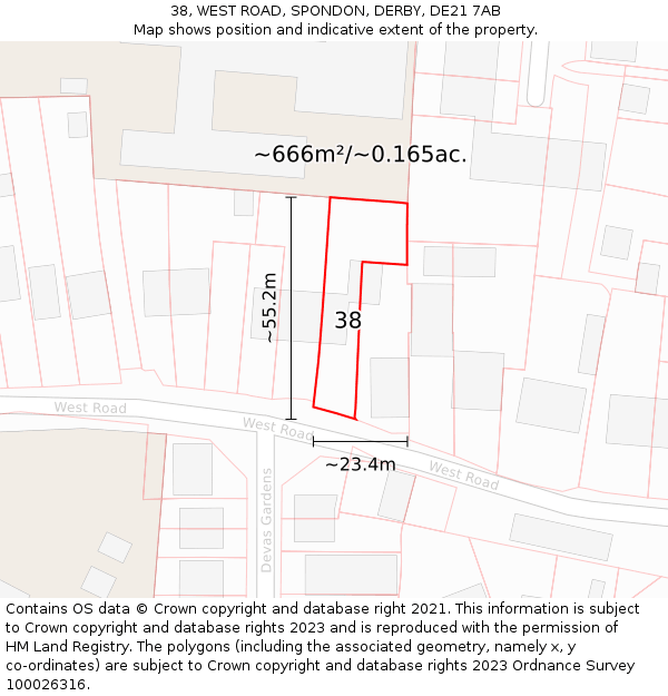 38, WEST ROAD, SPONDON, DERBY, DE21 7AB: Plot and title map