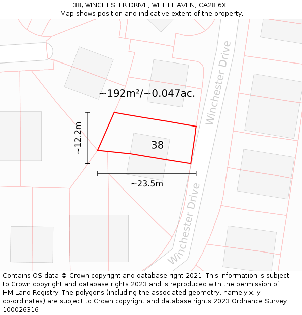 38, WINCHESTER DRIVE, WHITEHAVEN, CA28 6XT: Plot and title map
