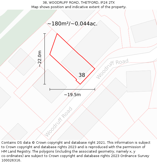 38, WOODRUFF ROAD, THETFORD, IP24 2TX: Plot and title map