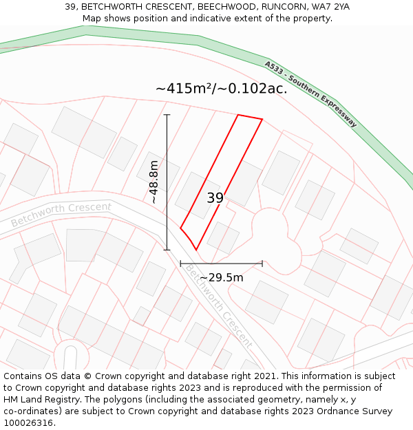 39, BETCHWORTH CRESCENT, BEECHWOOD, RUNCORN, WA7 2YA: Plot and title map