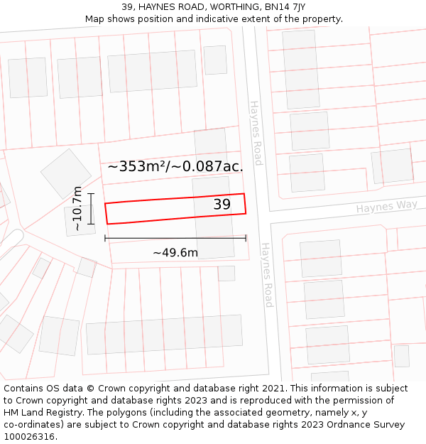 39, HAYNES ROAD, WORTHING, BN14 7JY: Plot and title map