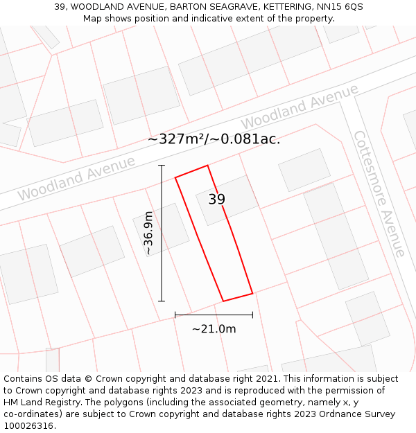 39, WOODLAND AVENUE, BARTON SEAGRAVE, KETTERING, NN15 6QS: Plot and title map