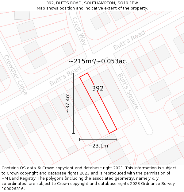 392, BUTTS ROAD, SOUTHAMPTON, SO19 1BW: Plot and title map