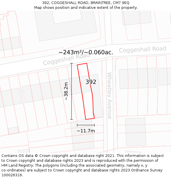 392, COGGESHALL ROAD, BRAINTREE, CM7 9EQ: Plot and title map