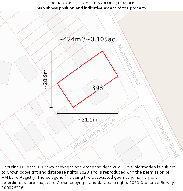 398, MOORSIDE ROAD, BRADFORD, BD2 3HS: Plot and title map