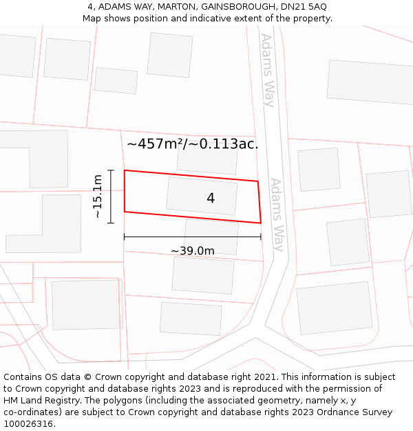 4, ADAMS WAY, MARTON, GAINSBOROUGH, DN21 5AQ: Plot and title map