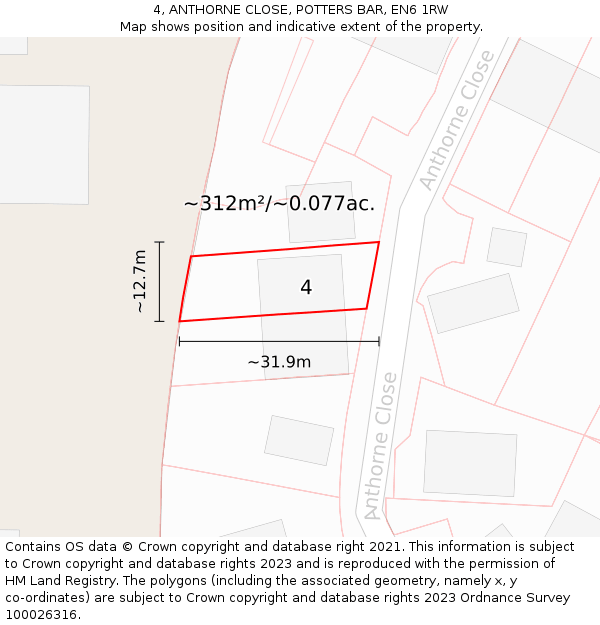 4, ANTHORNE CLOSE, POTTERS BAR, EN6 1RW: Plot and title map