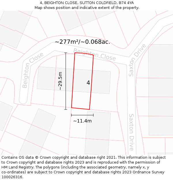 4, BEIGHTON CLOSE, SUTTON COLDFIELD, B74 4YA: Plot and title map