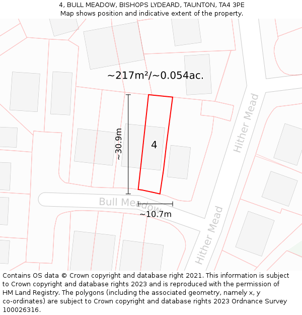 4, BULL MEADOW, BISHOPS LYDEARD, TAUNTON, TA4 3PE: Plot and title map