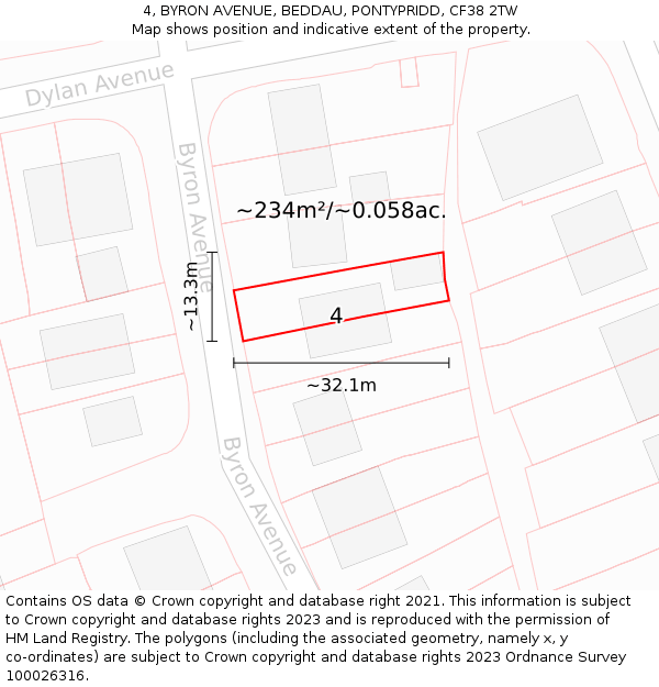 4, BYRON AVENUE, BEDDAU, PONTYPRIDD, CF38 2TW: Plot and title map