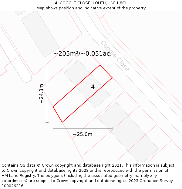 4, COGGLE CLOSE, LOUTH, LN11 8GL: Plot and title map
