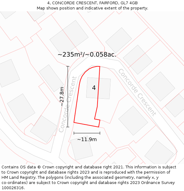 4, CONCORDE CRESCENT, FAIRFORD, GL7 4GB: Plot and title map