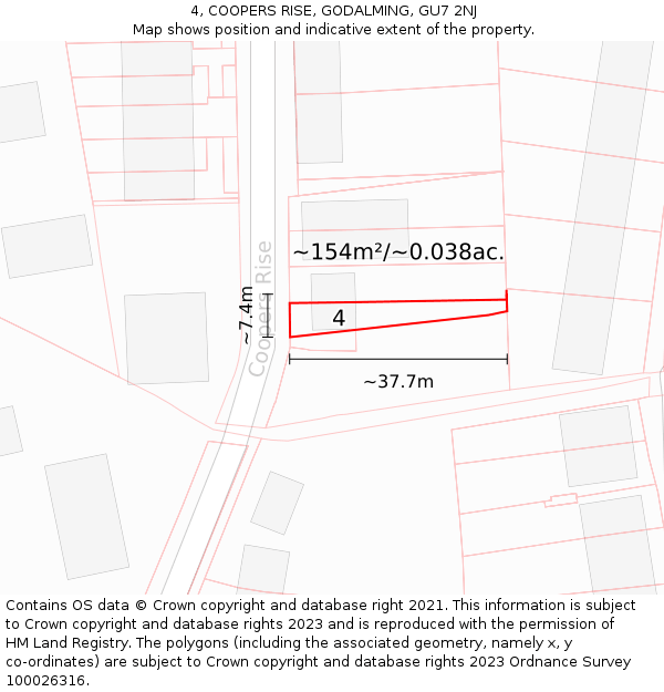 4, COOPERS RISE, GODALMING, GU7 2NJ: Plot and title map