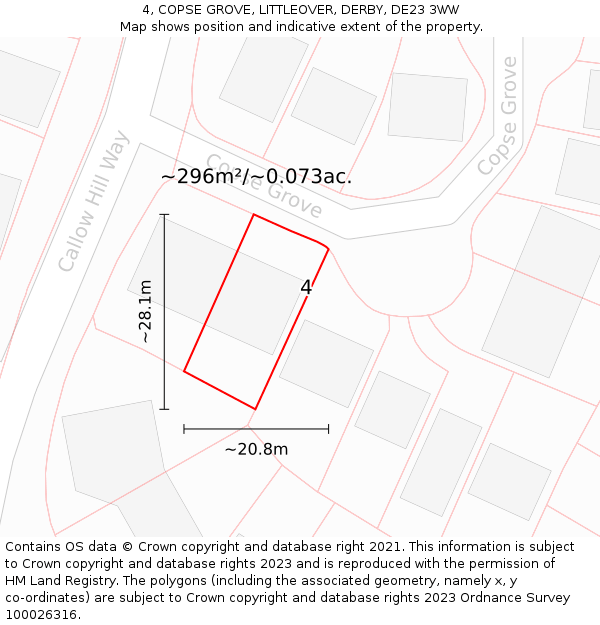 4, COPSE GROVE, LITTLEOVER, DERBY, DE23 3WW: Plot and title map