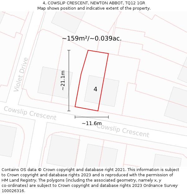 4, COWSLIP CRESCENT, NEWTON ABBOT, TQ12 1GR: Plot and title map