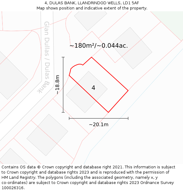 4, DULAS BANK, LLANDRINDOD WELLS, LD1 5AF: Plot and title map