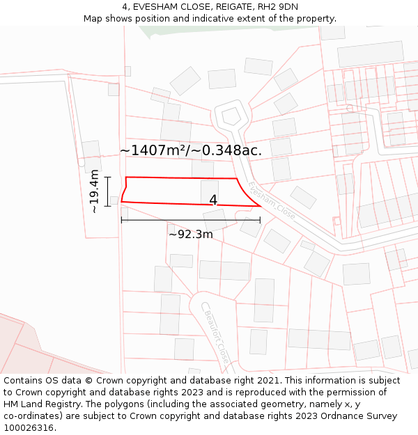 4, EVESHAM CLOSE, REIGATE, RH2 9DN: Plot and title map