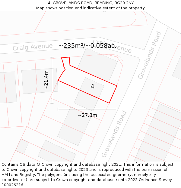 4, GROVELANDS ROAD, READING, RG30 2NY: Plot and title map