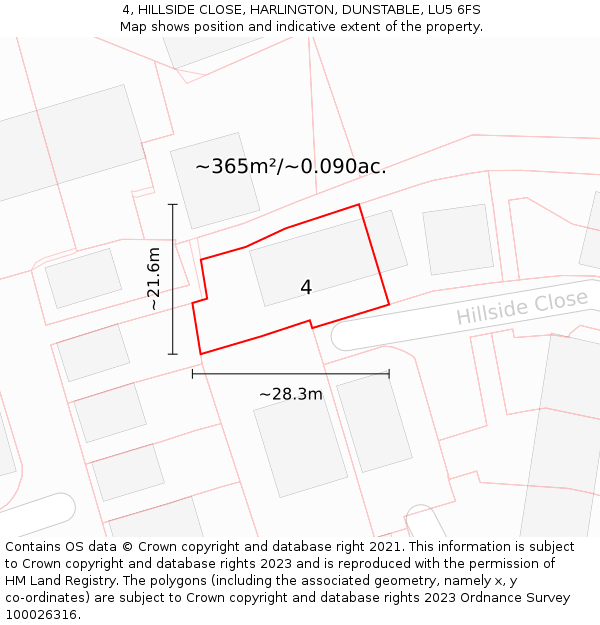 4, HILLSIDE CLOSE, HARLINGTON, DUNSTABLE, LU5 6FS: Plot and title map