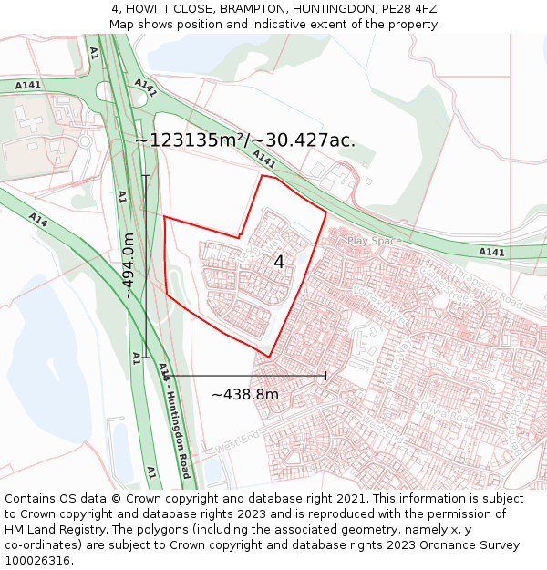 4, HOWITT CLOSE, BRAMPTON, HUNTINGDON, PE28 4FZ: Plot and title map