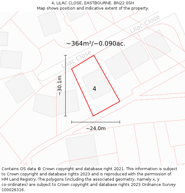 4, LILAC CLOSE, EASTBOURNE, BN22 0SH: Plot and title map