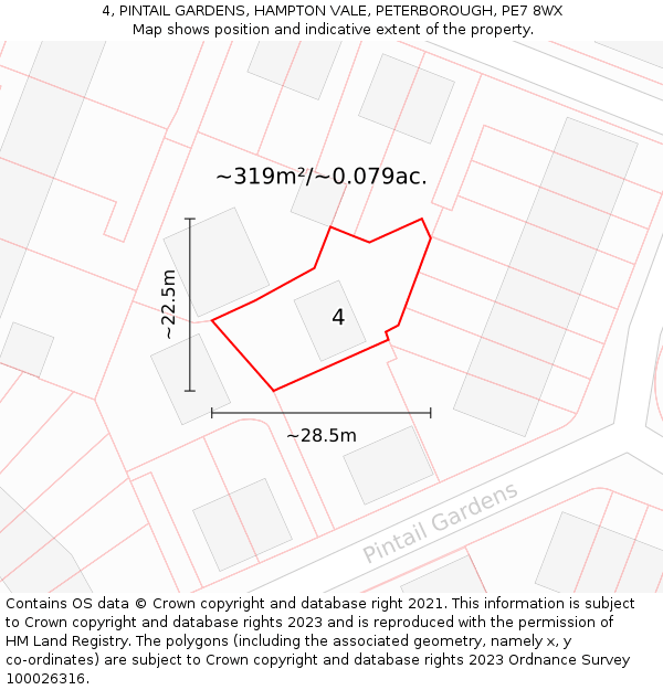 4, PINTAIL GARDENS, HAMPTON VALE, PETERBOROUGH, PE7 8WX: Plot and title map
