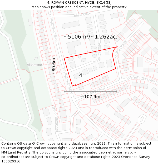 4, ROWAN CRESCENT, HYDE, SK14 5SJ: Plot and title map