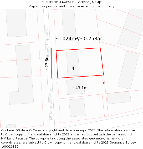 4, SHELDON AVENUE, LONDON, N6 4JT: Plot and title map