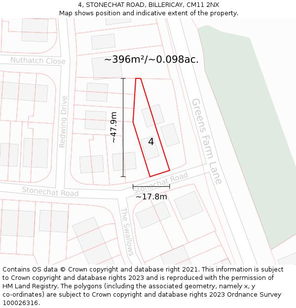 4, STONECHAT ROAD, BILLERICAY, CM11 2NX: Plot and title map