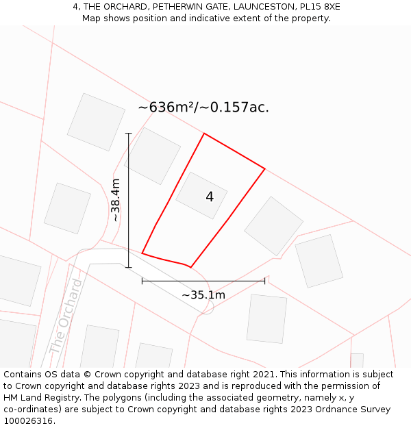 4, THE ORCHARD, PETHERWIN GATE, LAUNCESTON, PL15 8XE: Plot and title map