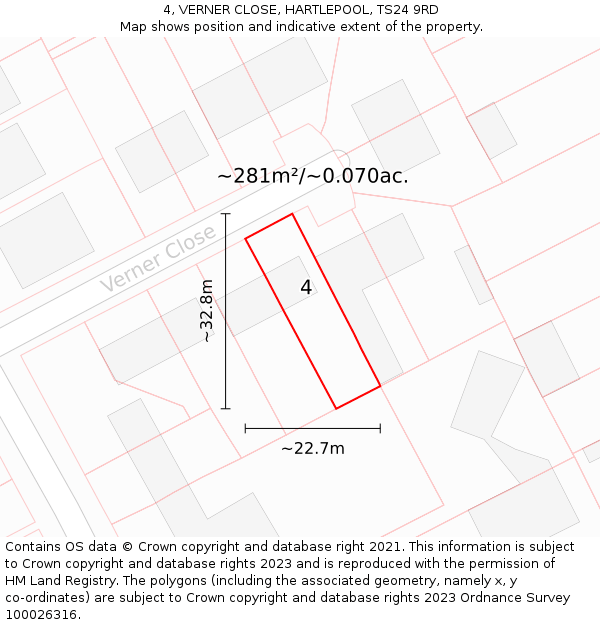 4, VERNER CLOSE, HARTLEPOOL, TS24 9RD: Plot and title map