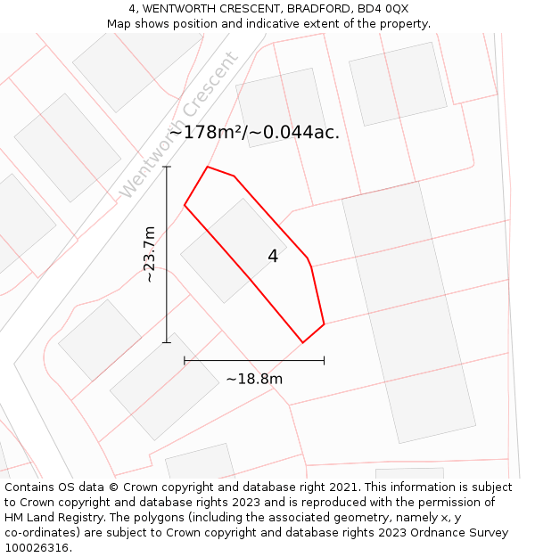 4, WENTWORTH CRESCENT, BRADFORD, BD4 0QX: Plot and title map