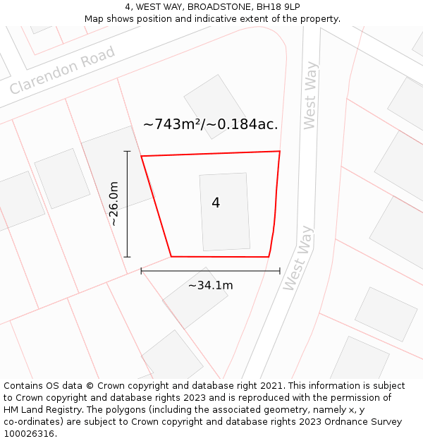 4, WEST WAY, BROADSTONE, BH18 9LP: Plot and title map