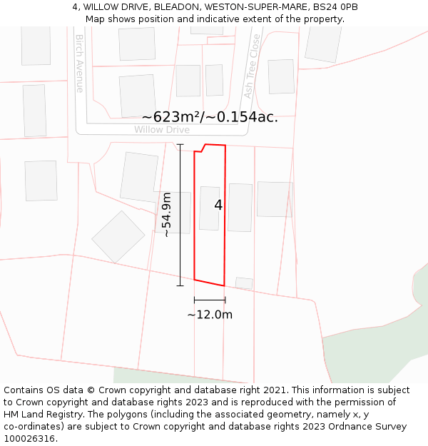 4, WILLOW DRIVE, BLEADON, WESTON-SUPER-MARE, BS24 0PB: Plot and title map