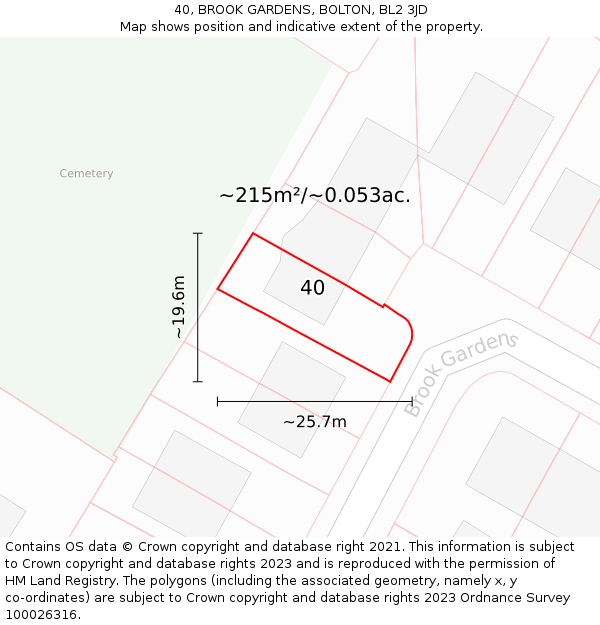 40, BROOK GARDENS, BOLTON, BL2 3JD: Plot and title map