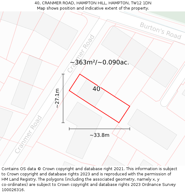 40, CRANMER ROAD, HAMPTON HILL, HAMPTON, TW12 1DN: Plot and title map