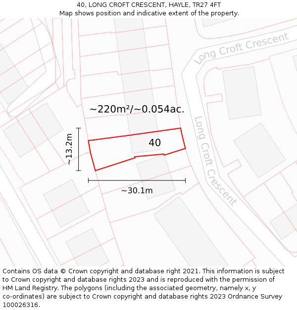 40, LONG CROFT CRESCENT, HAYLE, TR27 4FT: Plot and title map