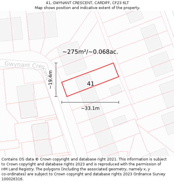 41, GWYNANT CRESCENT, CARDIFF, CF23 6LT: Plot and title map
