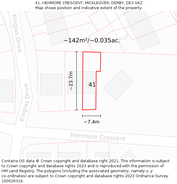 41, HENMORE CRESCENT, MICKLEOVER, DERBY, DE3 0AZ: Plot and title map