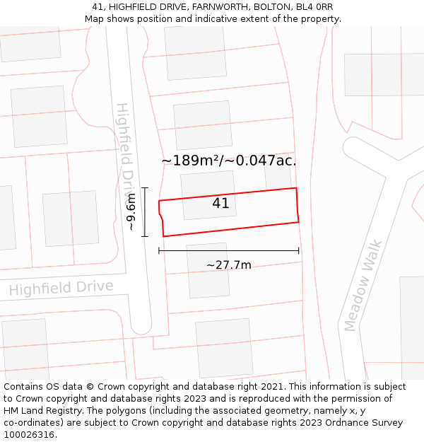 41, HIGHFIELD DRIVE, FARNWORTH, BOLTON, BL4 0RR: Plot and title map