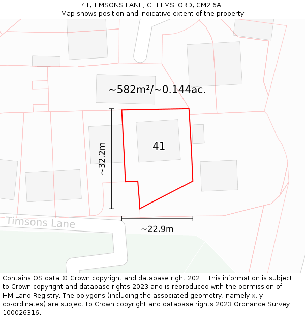 41, TIMSONS LANE, CHELMSFORD, CM2 6AF: Plot and title map