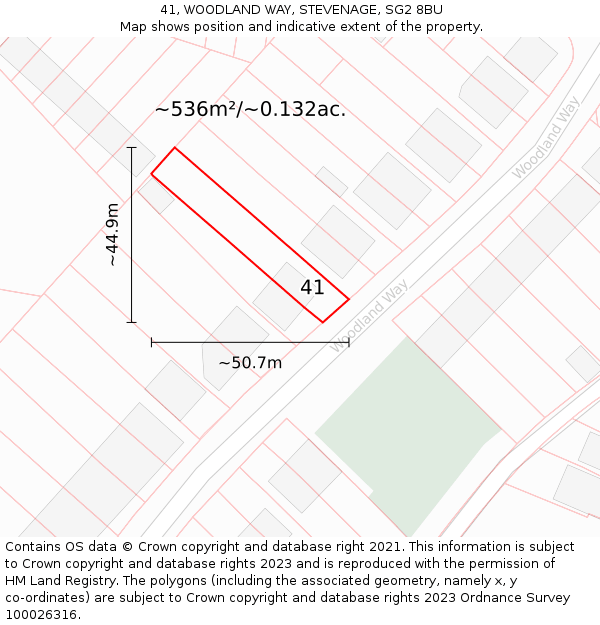 41, WOODLAND WAY, STEVENAGE, SG2 8BU: Plot and title map