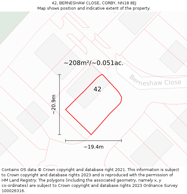 42, BERNESHAW CLOSE, CORBY, NN18 8EJ: Plot and title map