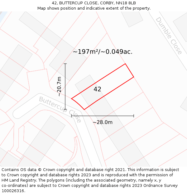 42, BUTTERCUP CLOSE, CORBY, NN18 8LB: Plot and title map