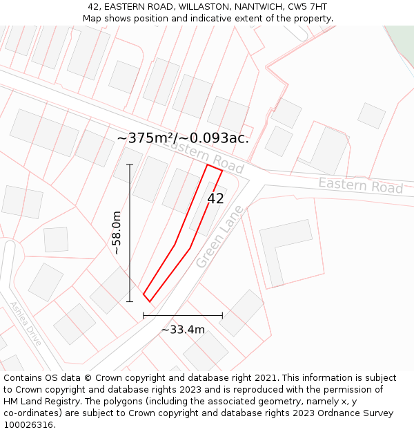 42, EASTERN ROAD, WILLASTON, NANTWICH, CW5 7HT: Plot and title map