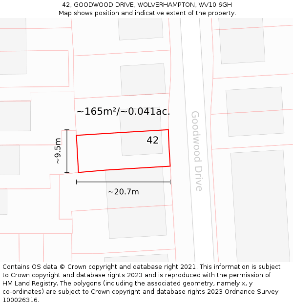 42, GOODWOOD DRIVE, WOLVERHAMPTON, WV10 6GH: Plot and title map