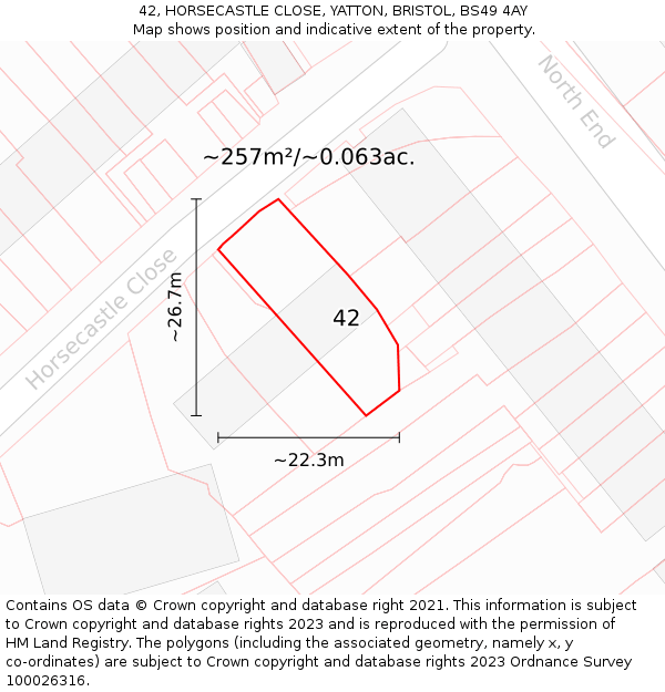 42, HORSECASTLE CLOSE, YATTON, BRISTOL, BS49 4AY: Plot and title map