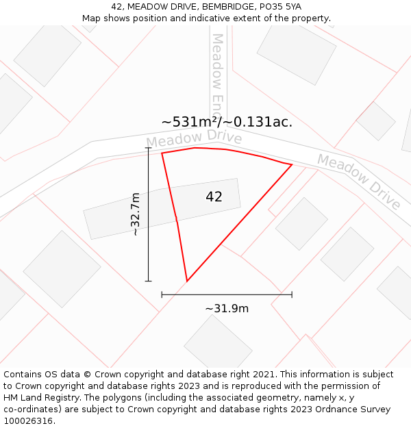 42, MEADOW DRIVE, BEMBRIDGE, PO35 5YA: Plot and title map