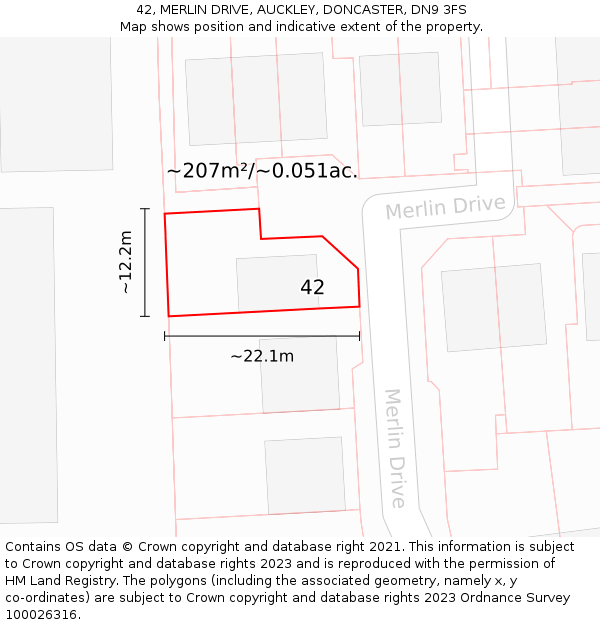 42, MERLIN DRIVE, AUCKLEY, DONCASTER, DN9 3FS: Plot and title map